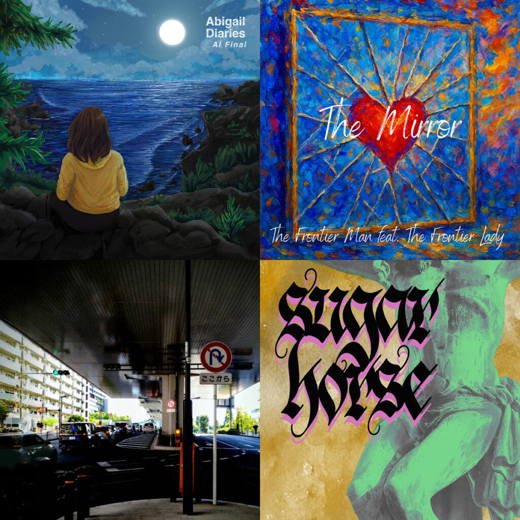 Collage de portadas: Abigail – Diaries Al Final; The – Frontier Man x The Frontier Lady The Mirror; half.size – LONELY EXPRESS; Sugar – Horse Secret Speech