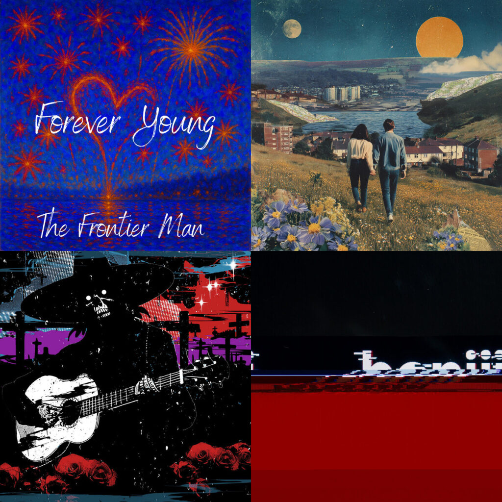 Collage de portadas: The – Frontier Man Forever Young; New – Wolves Boiling Up; Digital – Drvgs Prayers Musica Nocturna; Boni – BminJam