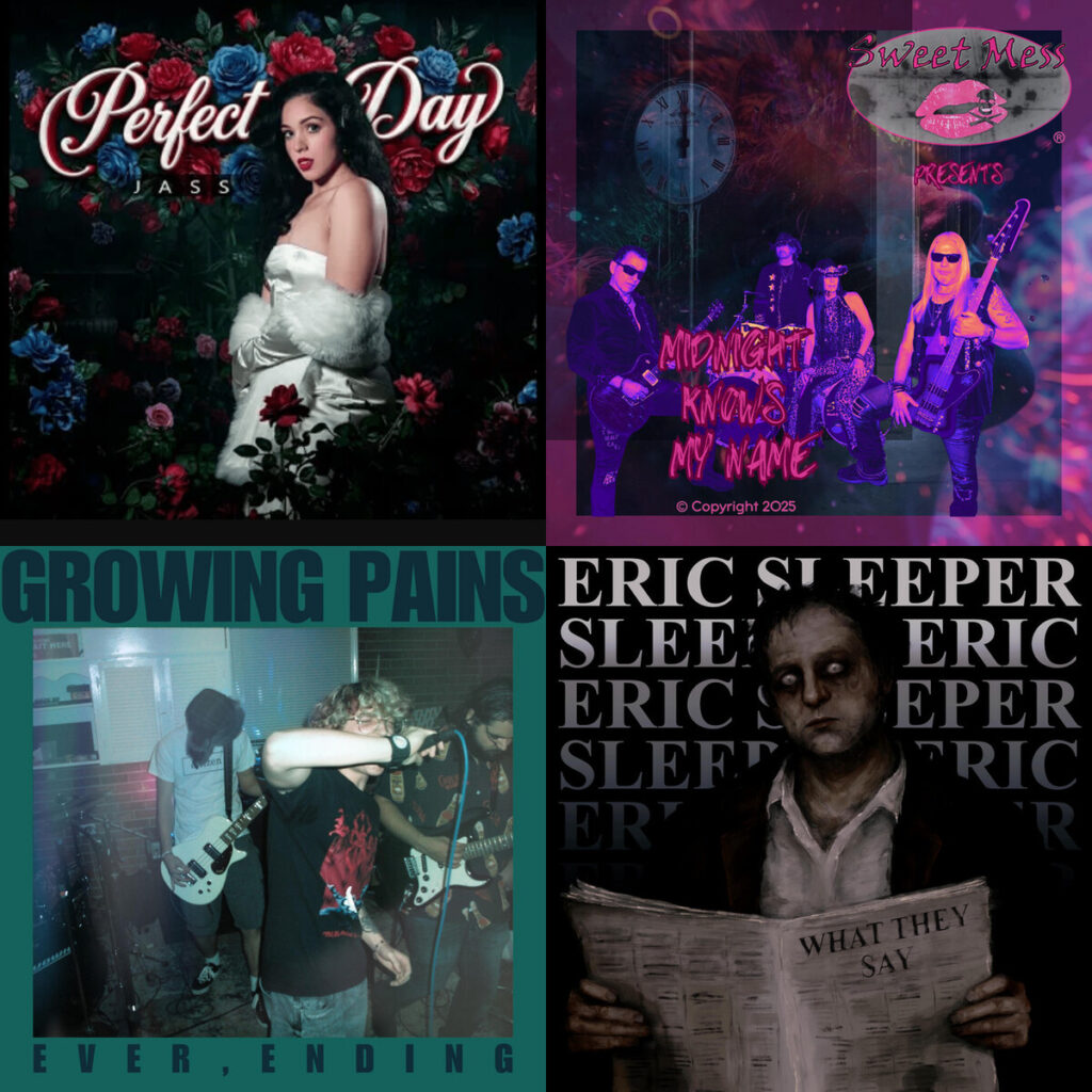 Collage de portadas: Captura – de pantalla 2026 02 25 a las 11.33.07 a.m; Sweet – Mess Midnight Knows my Name; ever – ending Growing Pains; Eric – Sleeper What They Say