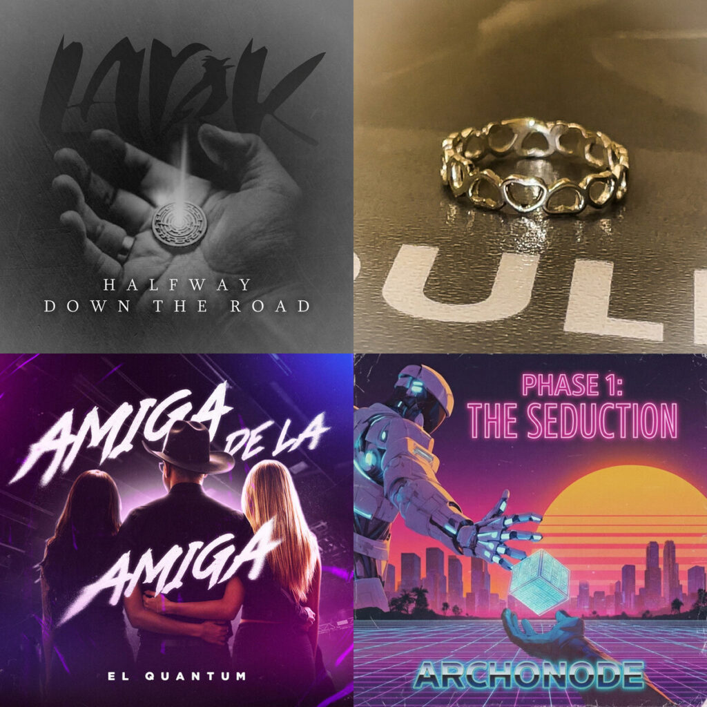 Collage de portadas: Lark – Halfway Down The Road; EastBayG – Pinky Promises; E – Quantum ADLA; ARCHONODE – Hello World