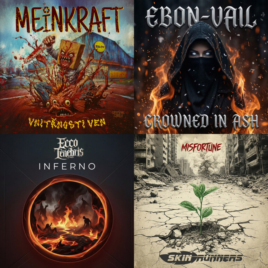 Collage de portadas: MeinKraft – Vnitrnosti Ven; EBON – VAIL Crowned in Ash; Ecco – Tenebris Inferno; SkinRunners – Misfortune