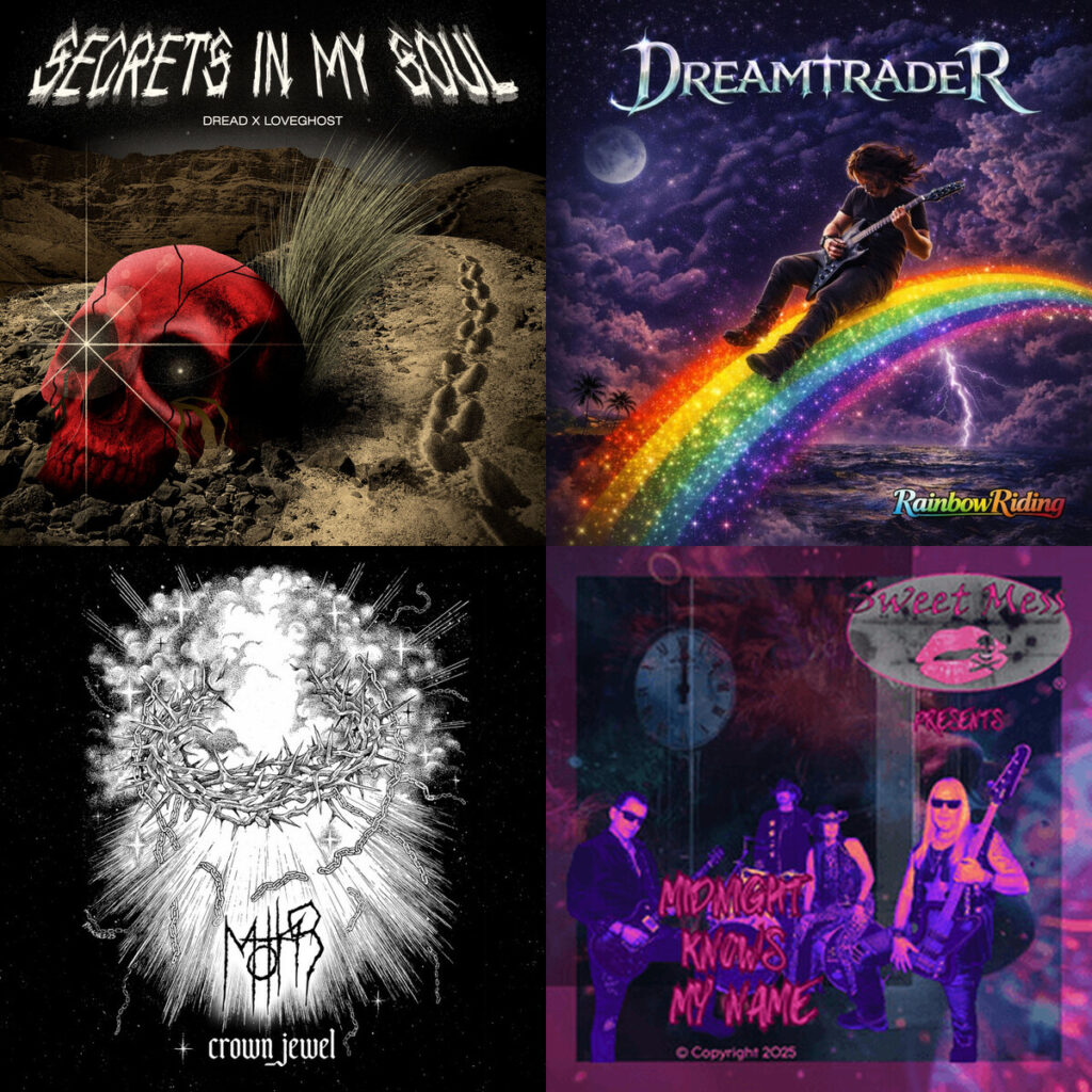 Collage de portadas: Love – Ghost secrets in my soul feat Dread; RainbowRiding – Coming from within; Moths – Crown Jewel; Sweet – Mess Midnight Knows my Name