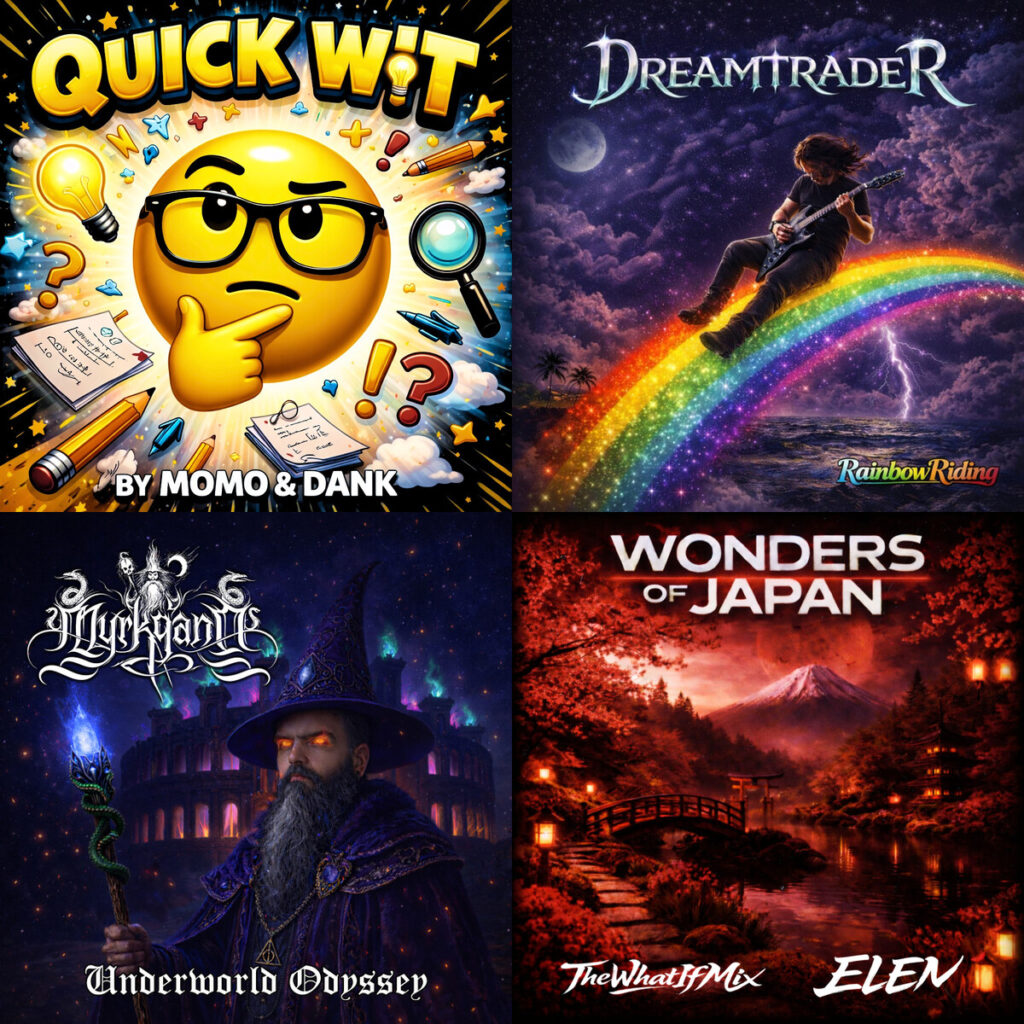 Collage de portadas: MomoBaby – quick wit; RainbowRiding – Dreamtrader; Myrkgand – Underworld Odyssey; TheWhatIfMix – wonders of japan