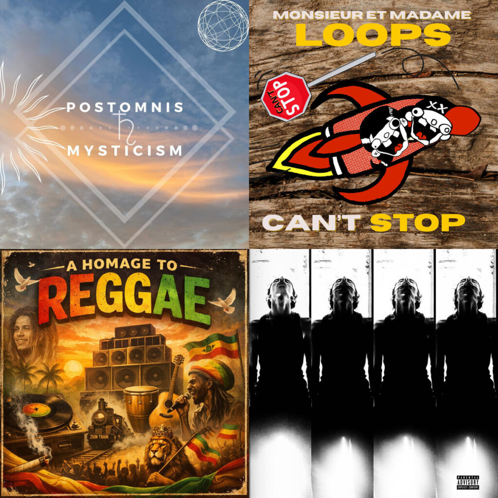 Collage de portadas: PostOmnis – Lapis; Monsieur – et Madame LoOps Cant Stop; Harri – M A homage to reggae; Elon – Stage Fright