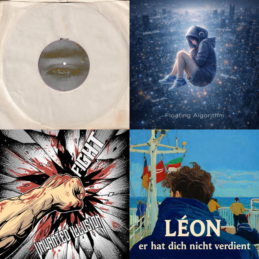 Collage de portadas: Christian Mira - Chico The Look; cazy music - 浮遊アルゴリズム; Unwanted Illusion - Fight; Leon - er hat dich nicht verdient