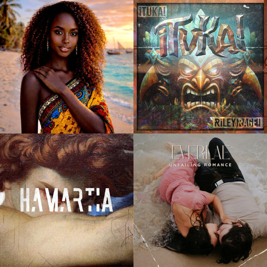 Collage de portadas: The – Real Mack The Knife Zanzibar Zephyr; RiLEY – RAGE iTUKA; Posavant – Hamartia; Everlae – Unfailing Romance