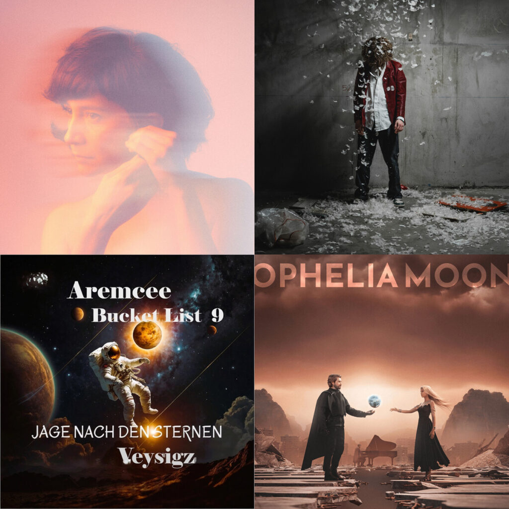 Collage de portadas: Mia – Salazar ajolote acto 3 la transformacion; SaulR – rise; Aremcee – Jage Nach Den Sternen feat. Bucket List 9 and Veysigz; Ophelia – Moon Avatar Encryption Code