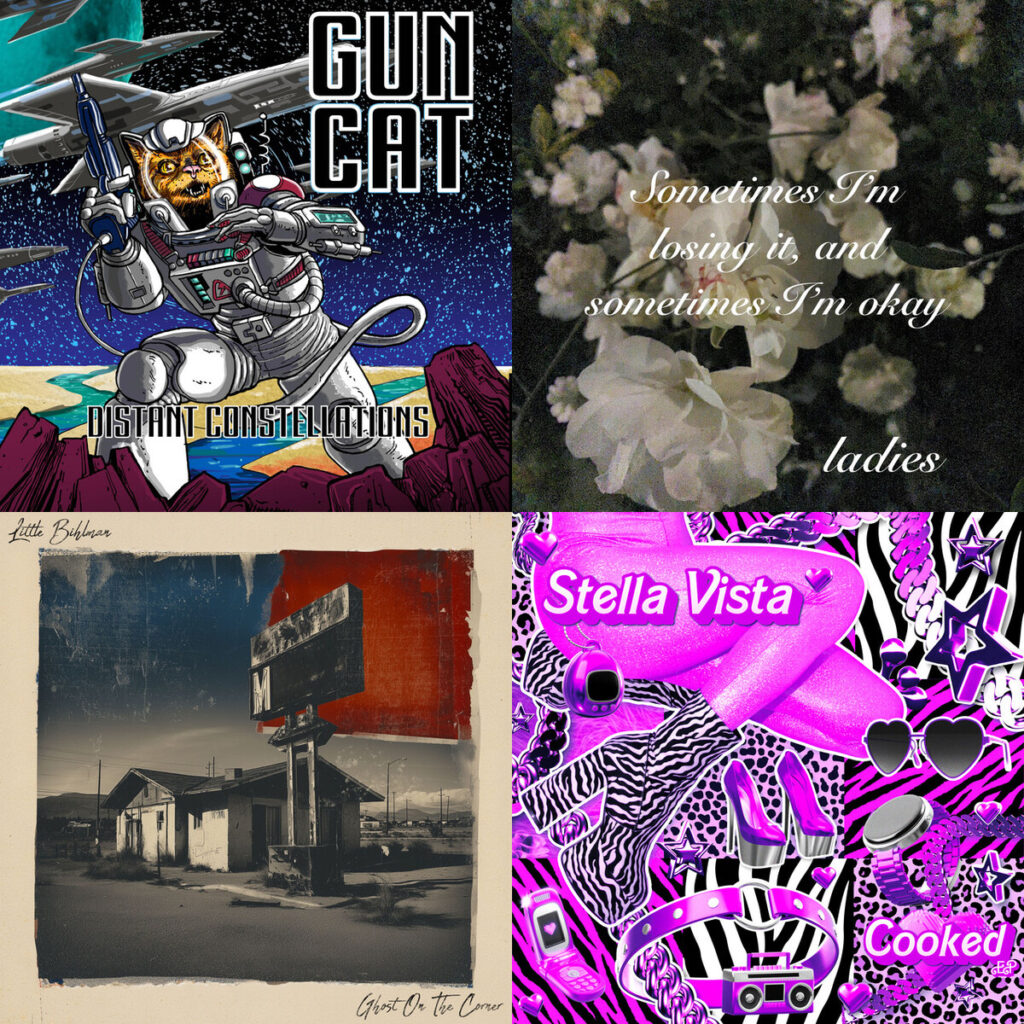 Collage de portadas: Gun – Cat Joe Baseball; Ladies – Cruisin; Little – Bihlman Ghost on the Corner; Stella – Vista Cooked