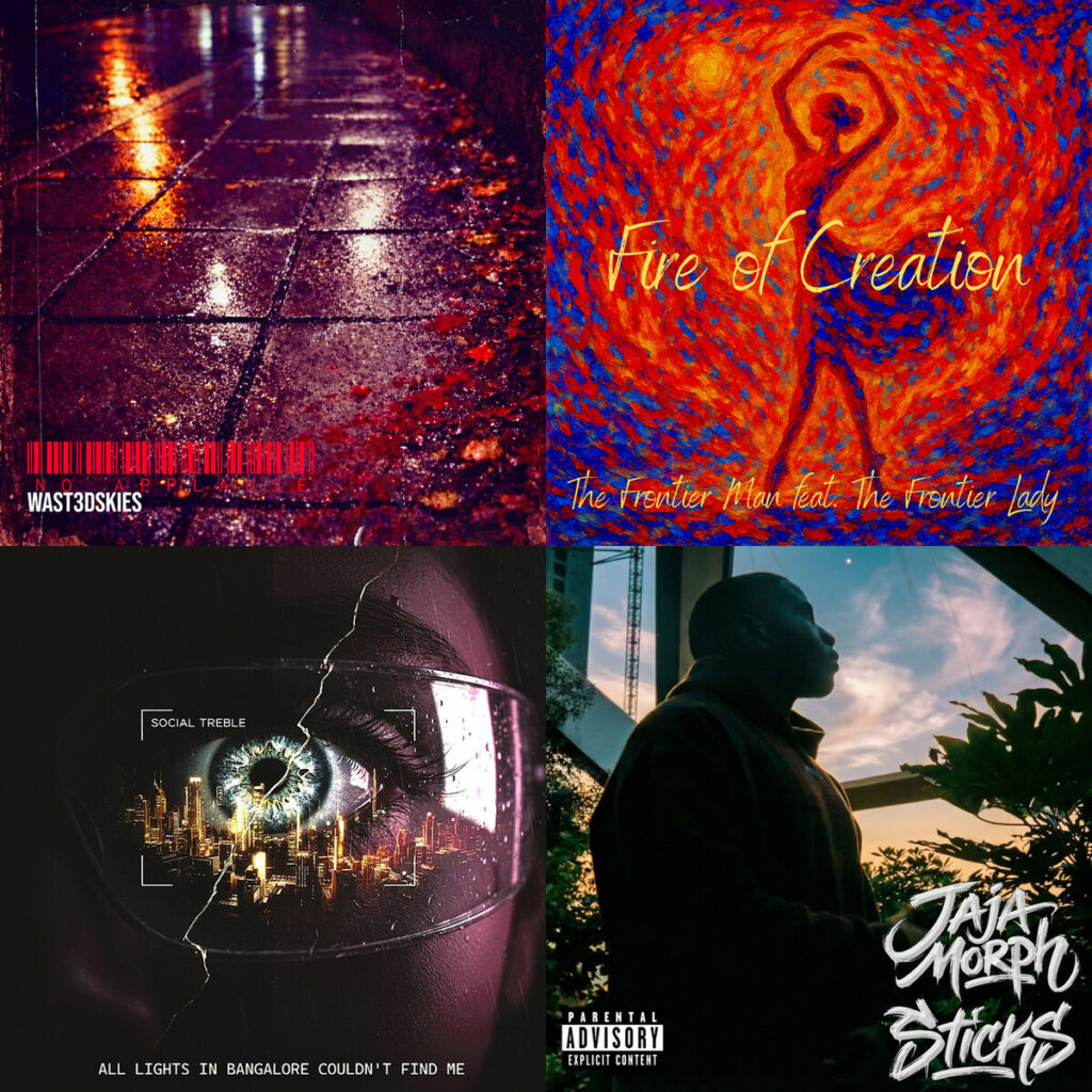 Collage de portadas: Wast3dSkies – No Applause; The – Frontier Man Fire of Creation; Social – Treble All Lights In Bangalore Couldnt Find Me; Jaja – Morph Sticks