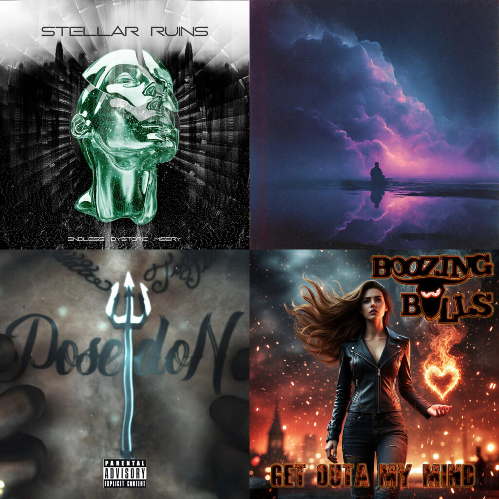 Collage de portadas: Stellar – Ruins Empty Eyes; Rosa – Cosmica Dreams; Enki – Agua; Boozing – Bulls Get outa my mind