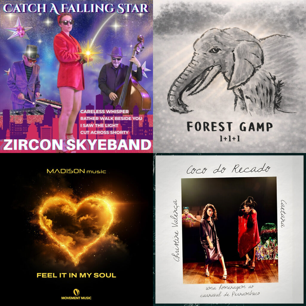 Collage de portadas: Zircon – Skyeband rather walk beside you; 111 – forest gamp; MADISON – music feel it in my soul; Christine – Valena coco do recado