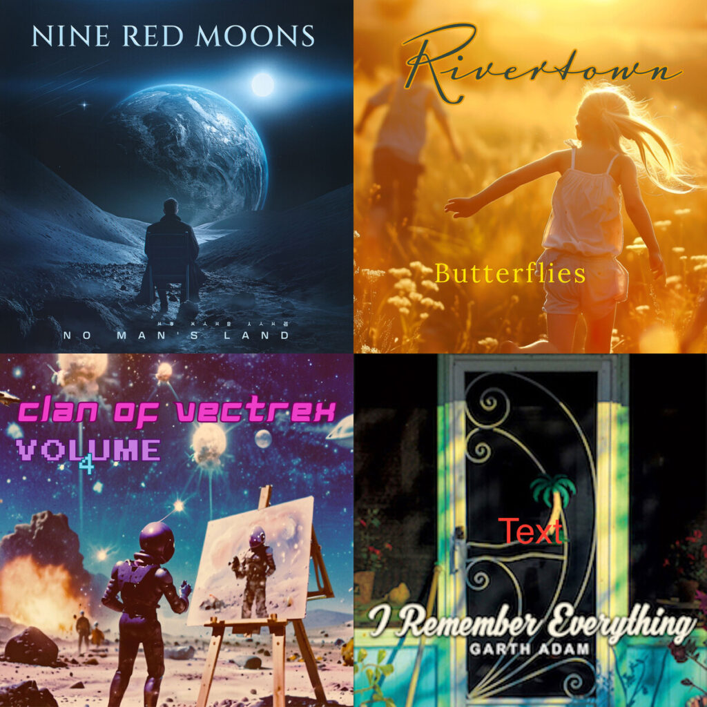 Collage de portadas: Nine – Red Moons no mans land; Rivertown – butterflies; Clan – of Vectrex art master; Garth – Adam pocketfull of tears