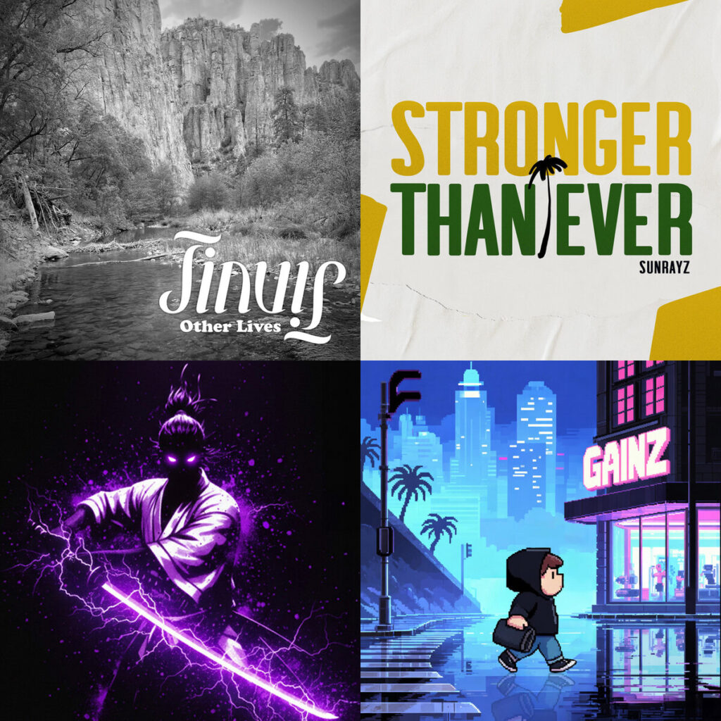 Collage de portadas: tinvis – Other Lives; Sunrayz – Stronger Than Ever; PhonkWolf – SAMURAI NEXT; mASCOT – GAINZ
