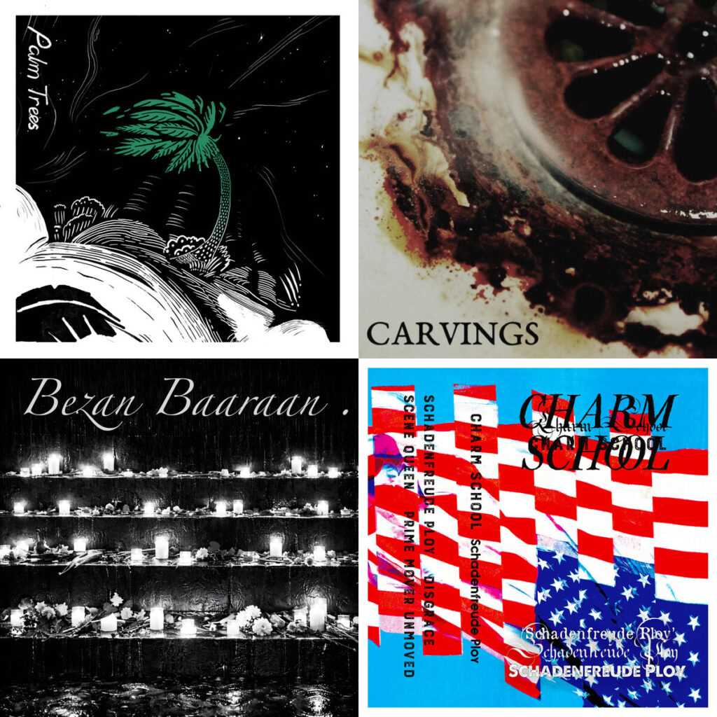 Collage de portadas: Virtual – Nobodies Palm Trees; Vespera – Spare The Pain; DrMorri – Bezan Baaraan; Charm – School Scene Queen