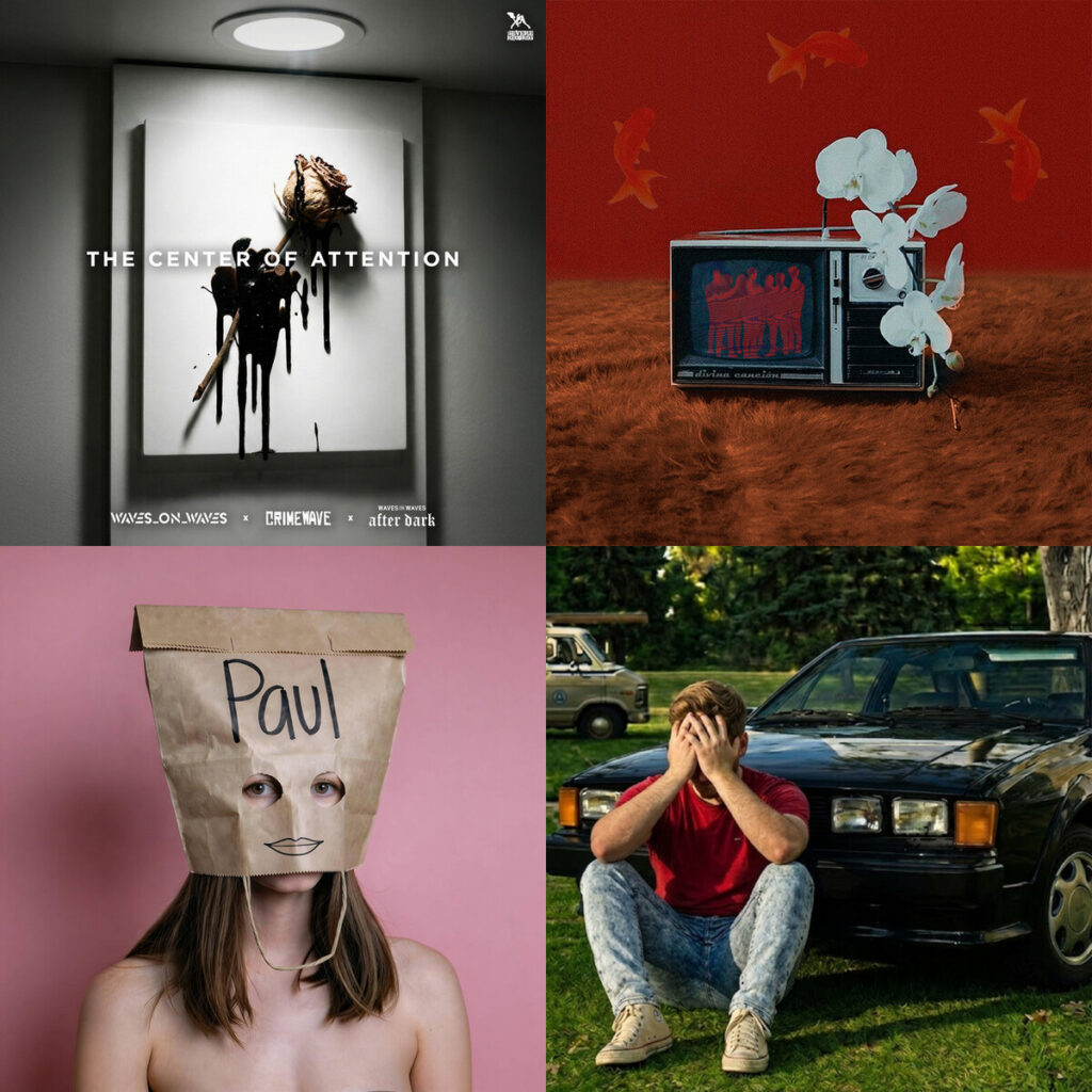 Collage de portadas: Waves_On_Waves – x Waves On Waves After Dark x Crimewave The Center Of Attention; AUTOBUS – Divina Cancion; Glam – Kitty Paul MNKY; Aint – Real In Over My Head