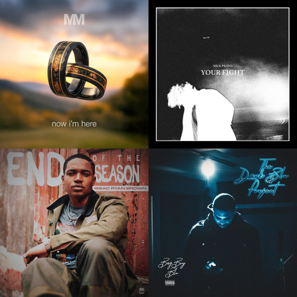 Collage de portadas: The – Mechanical Mind Now Im Here; Nick – Prato Hit Me Where It Hurts; Issac – Ryan Brown End of the Season; Bagboy – Blu Damage