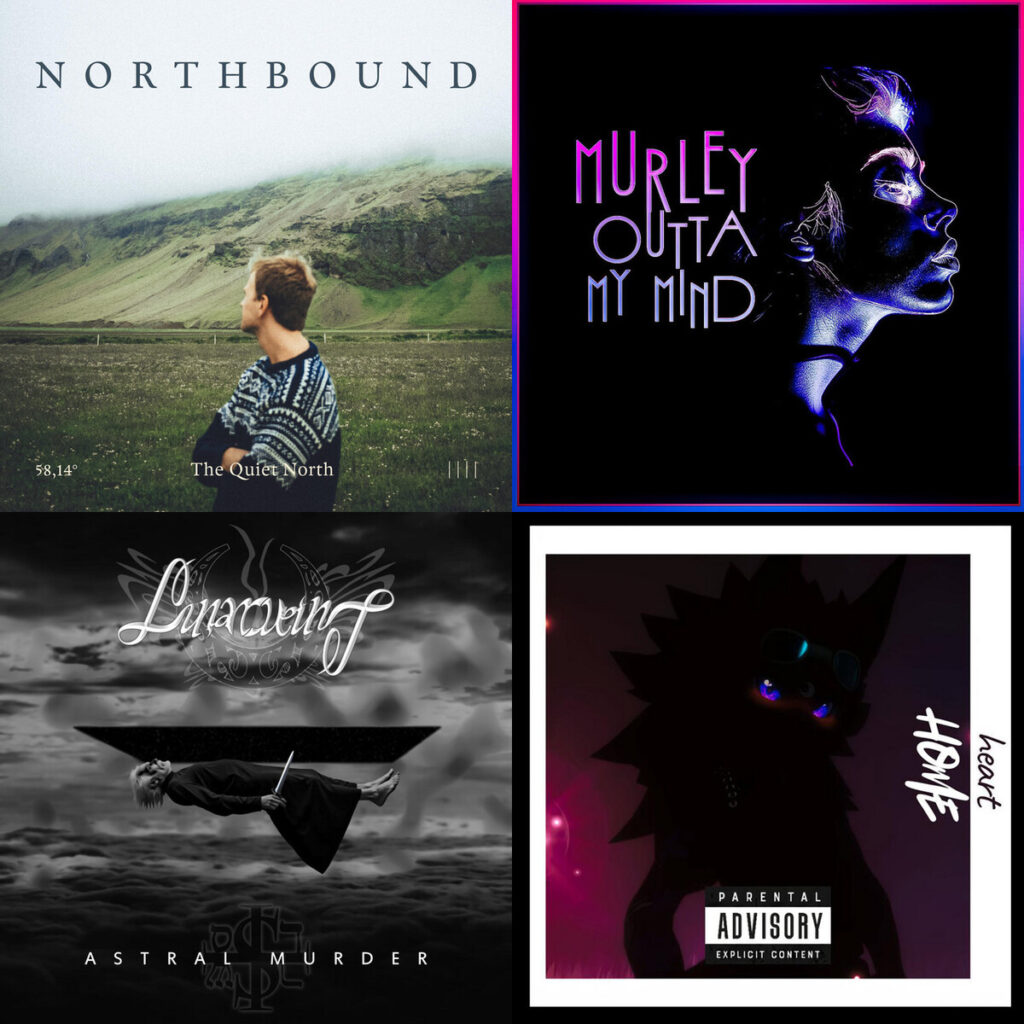 Collage de portadas: The – Quiet North Northbound; Murley – Outta My Mind; LunarVein – Astral Murder; 64LUXURY – guise