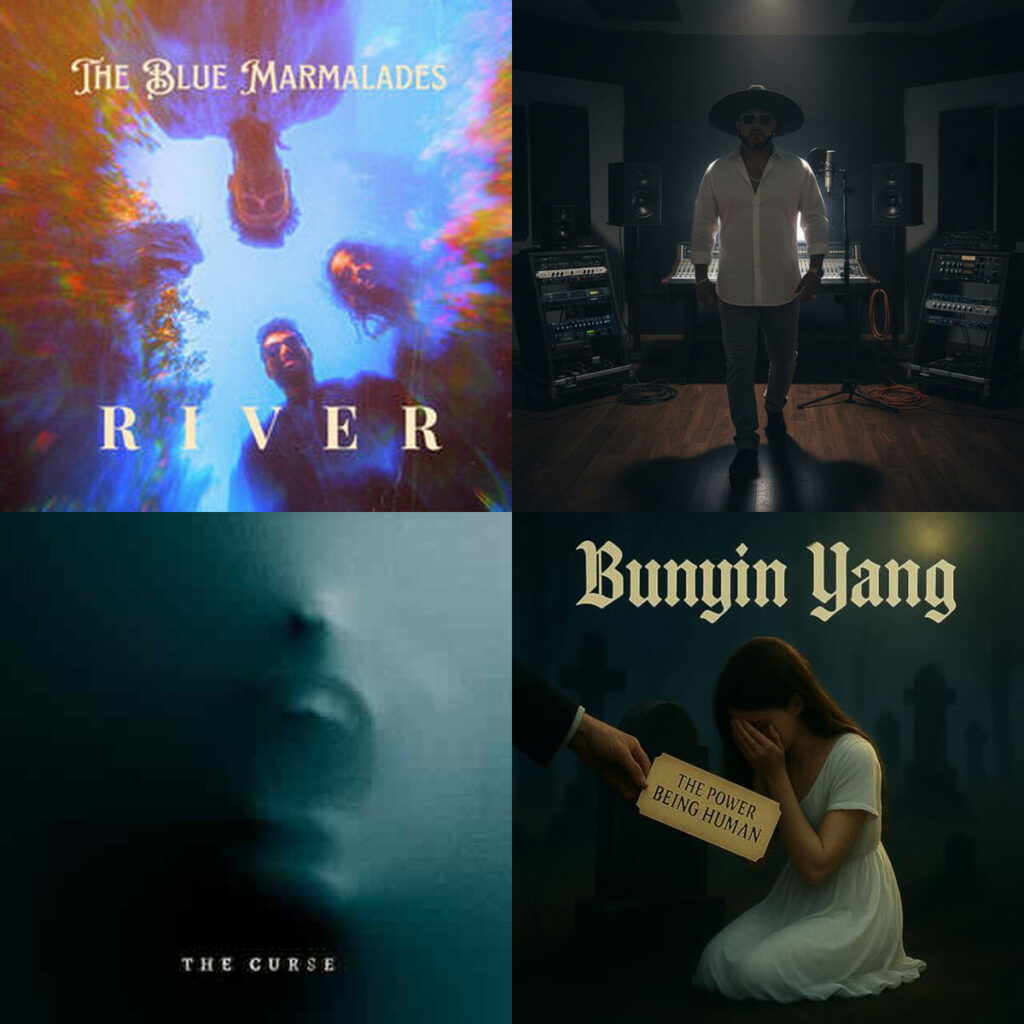 Collage de portadas: The – Blue Marmalades Dark Sun; rulo – del norte Cuando Cayo el Jefe; MarysCreek – The Curse; Bunyin – Yang Silent And Worlds Apart