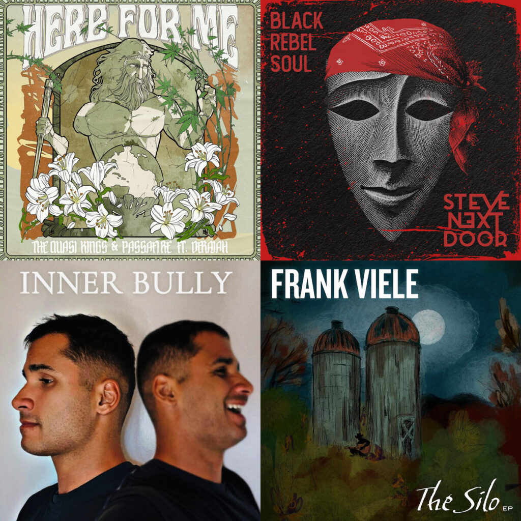 Collage de portadas: The – Quasi Kings Herb For Me ft. Passafire Derajah; Steve – Next Door Moving On; Obicham – Inner Bully; Frank – Viele Better Late Than Too Soon