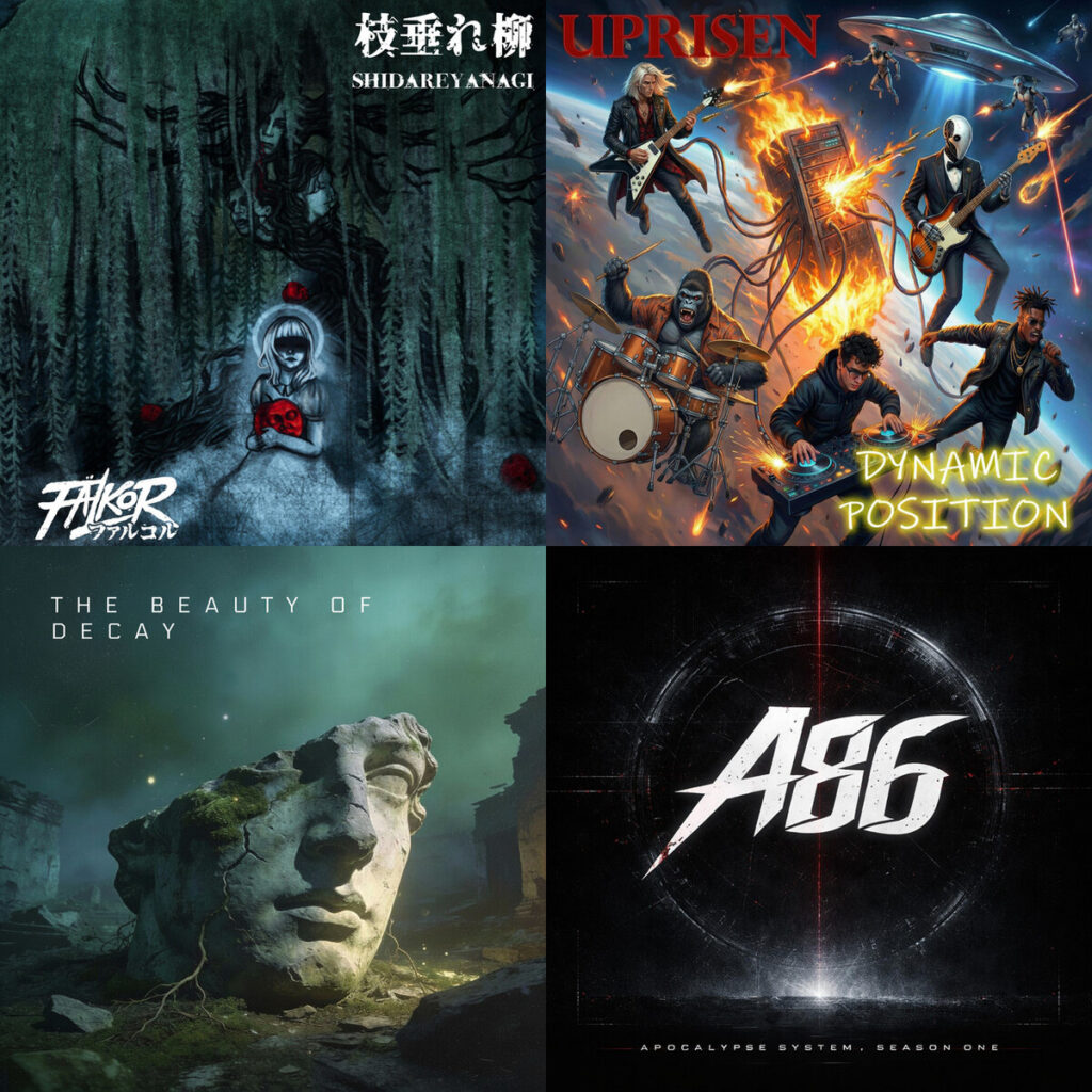 Collage de portadas: Falkor – Shidareyanagi「枝垂れ柳」; Uprisen – No Brakes; Grid – Theory The Beauty of Decay; Android – 86 Player Isolated