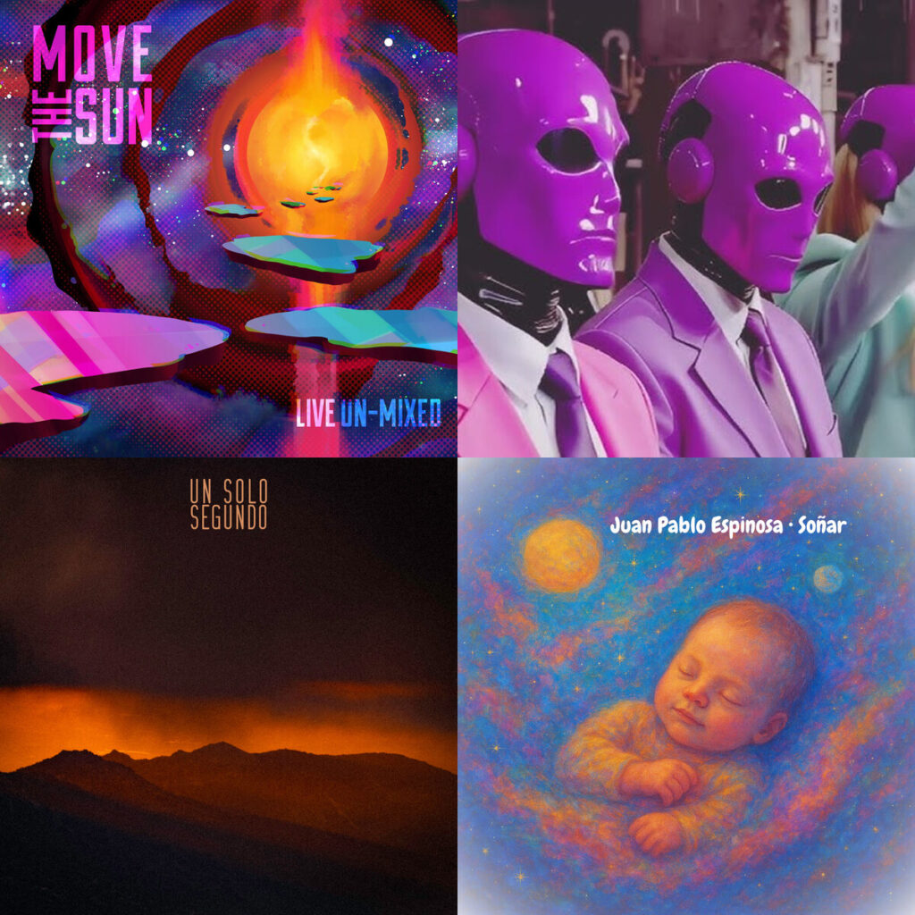 Collage de portadas: MoveTheSun – Whip Ass Live; Clan – of Vectrex Mine Storm; El – Mar en Llamas un solo segundo; Juan – Pablo Espinosa sonar