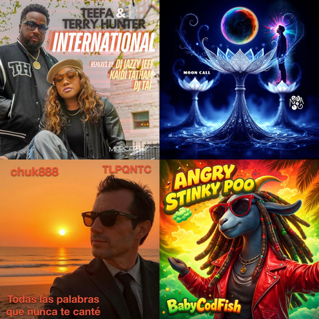 Collage de portadas: Teefa – International; dadamoog – MOON CALL; chuk888 – La Danza Del Silencio; BabyCodFish – Angry Stinky Poo