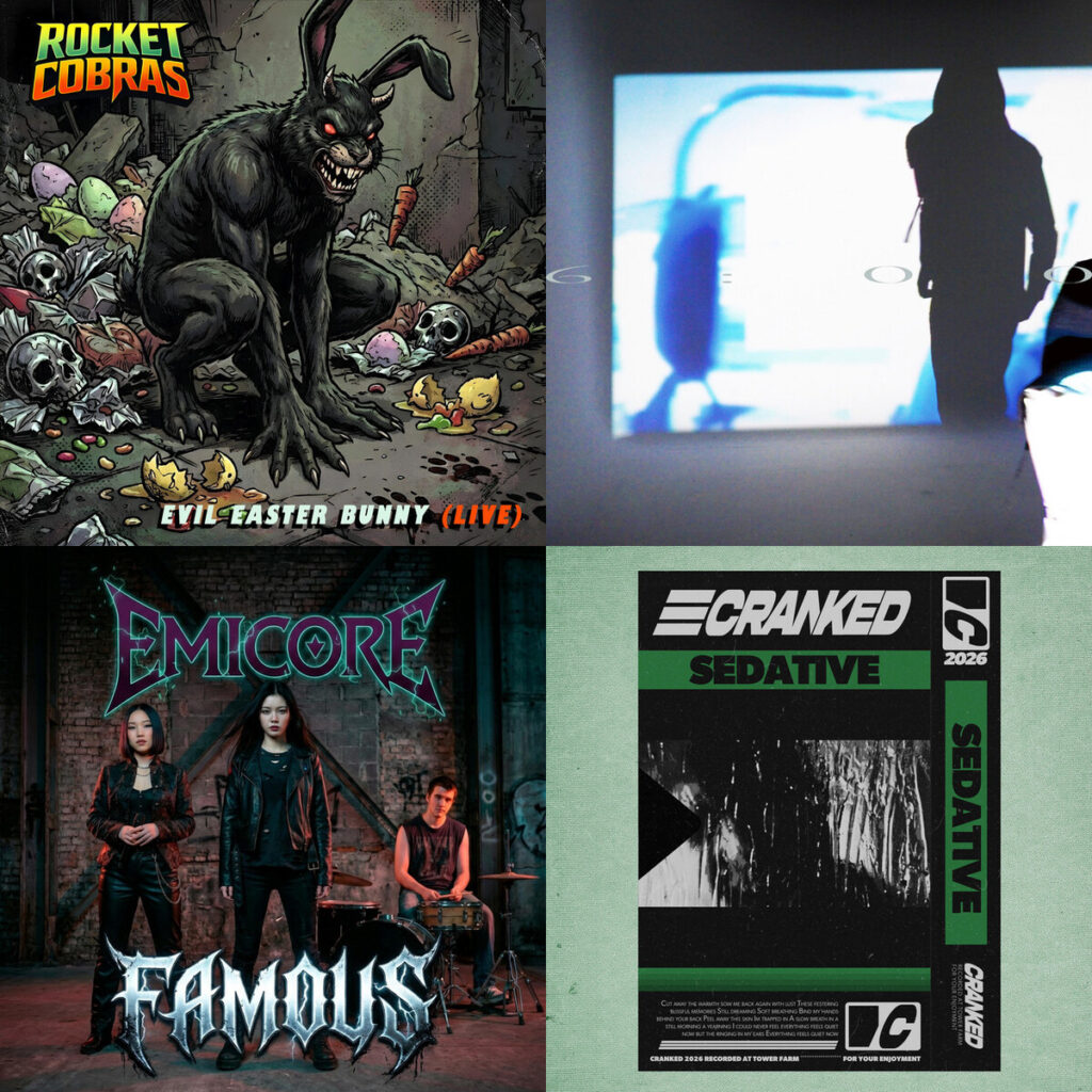 Collage de portadas: Rocket – Cobras Evil Easter Bunny Live; isur – are we just a moment_; EmiCore – 3 Parts Saga; Cranked – Sedative