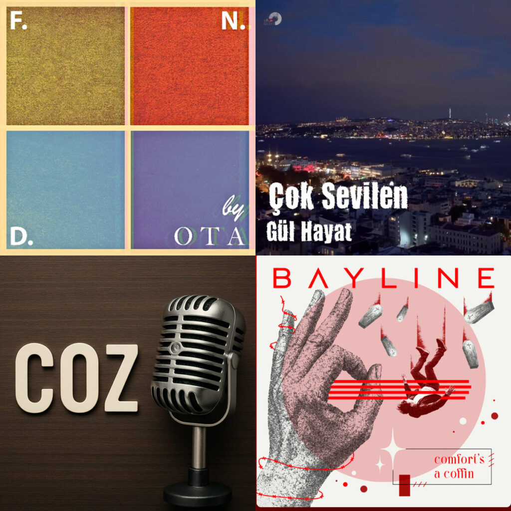Collage de portadas: Outside – The Academy F.N.D; Gulhayat – Muzik Cok Sevilen; Frank – Cossentino Just for a few minutes; Bayline – Comforts A Coffin