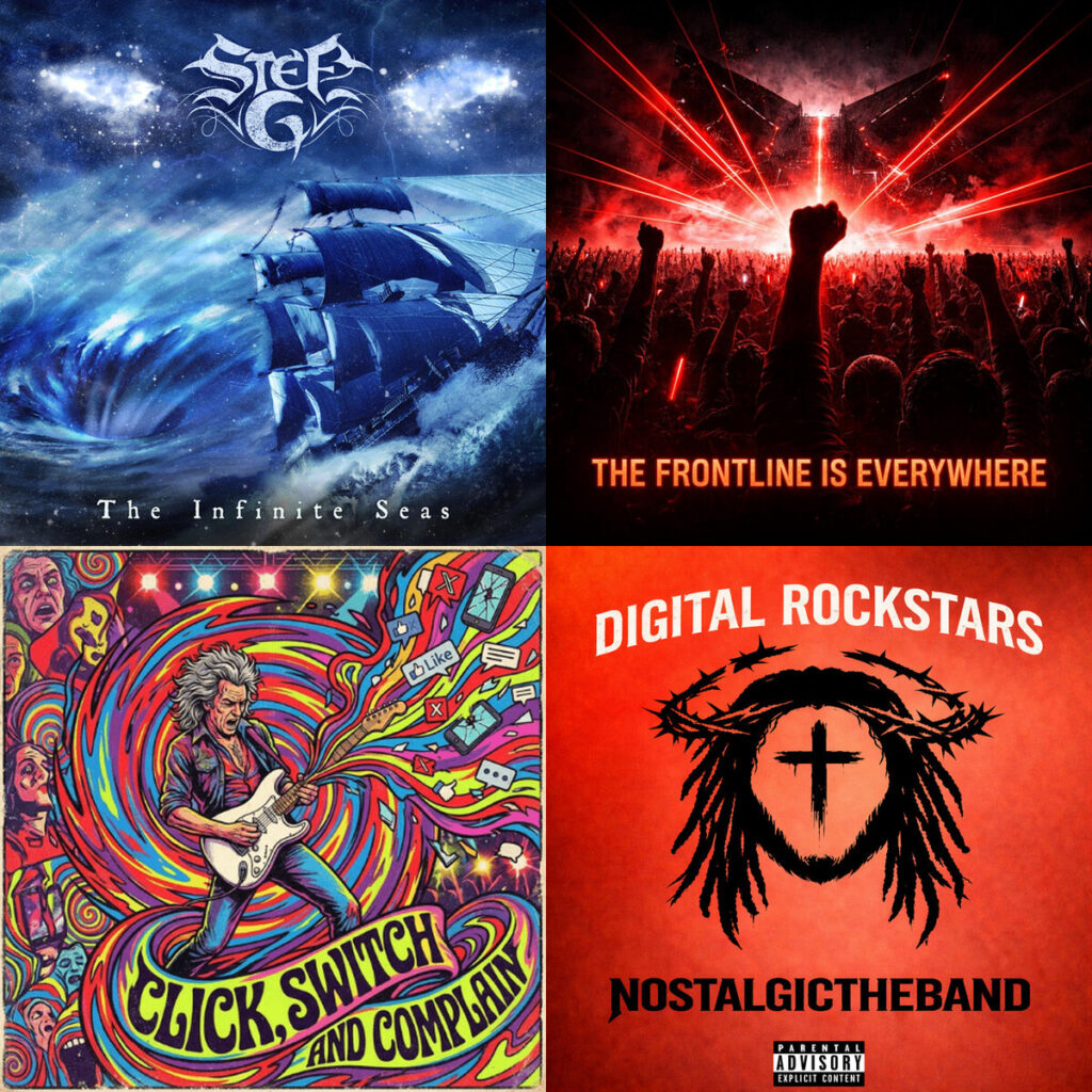 Collage de portadas: Stef – G The Infinite Seas; Signal – Decay The Frontline Is Everywhere; Rick – Slade Click Switch and Complain. Unleashed; NOSTALGIC – Walk through the jungle