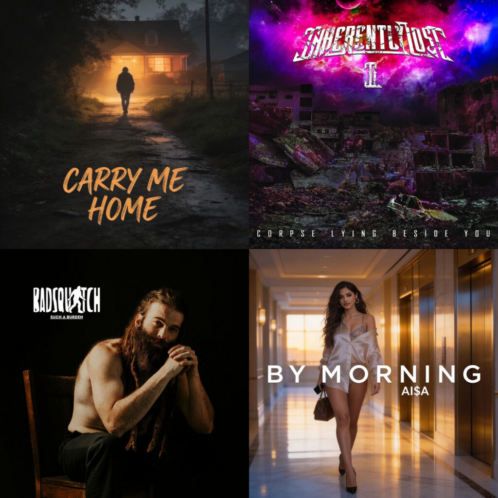 Collage de portadas: Iron – Wake CARRY ME HOME; Inherently – Lost Corpse Lying Beside You; BADSQUATCH – Such a Burden; Aia – By Morning