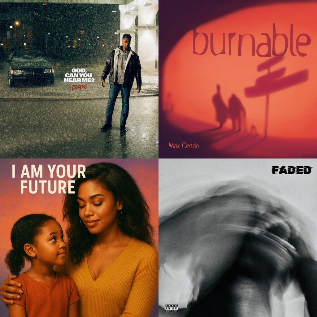 Collage de portadas: Dax – God Can You Hear Me; Max – Ceddo everyone falls in love; The – Meridian Echo I Am Your Future; Tarah – Marahj Outta Questions