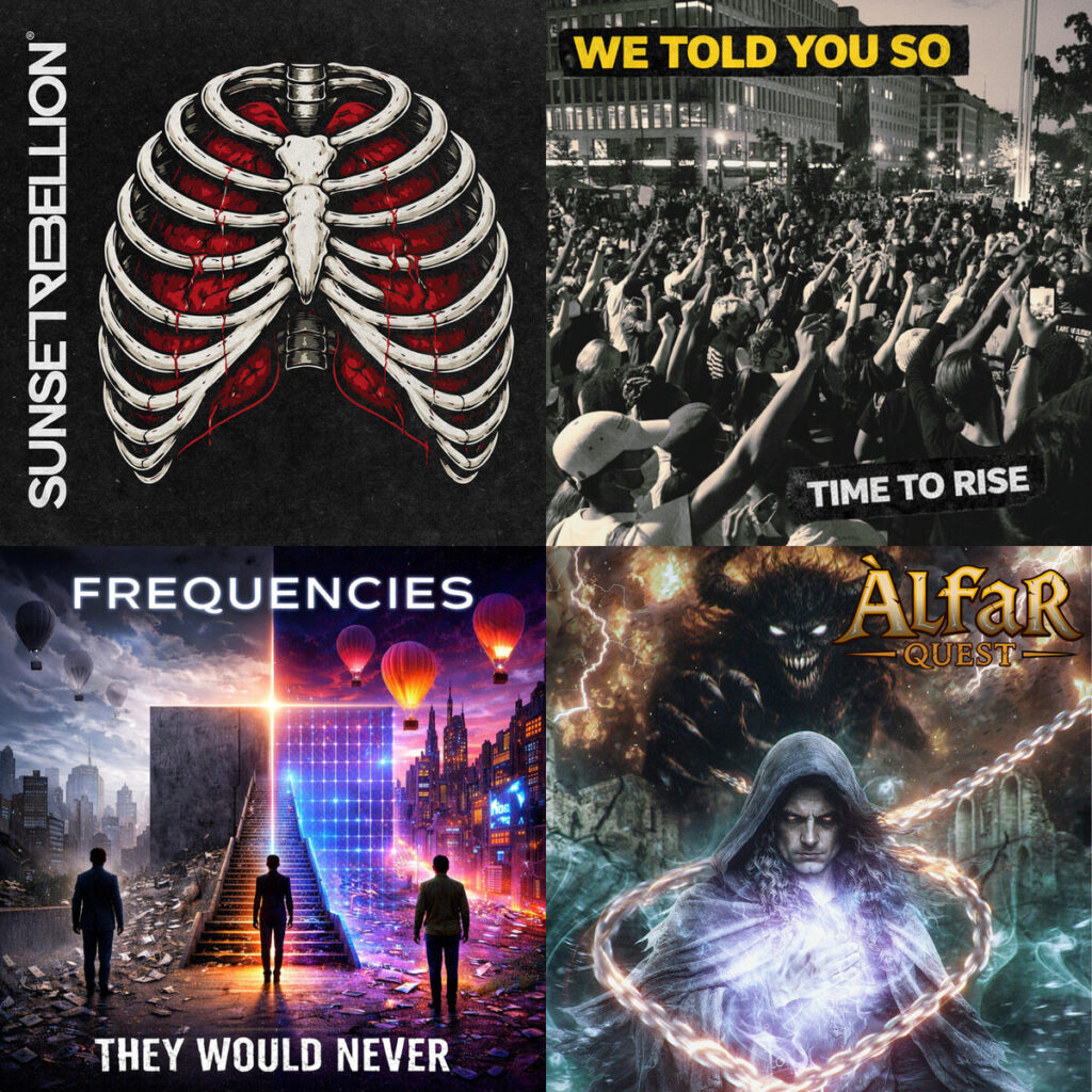 Collage de portadas: Sunset – Rebellion Exhale; We – told you so Time To RISE; They – Would Never Frequencies; Alfar – Quest The Mage