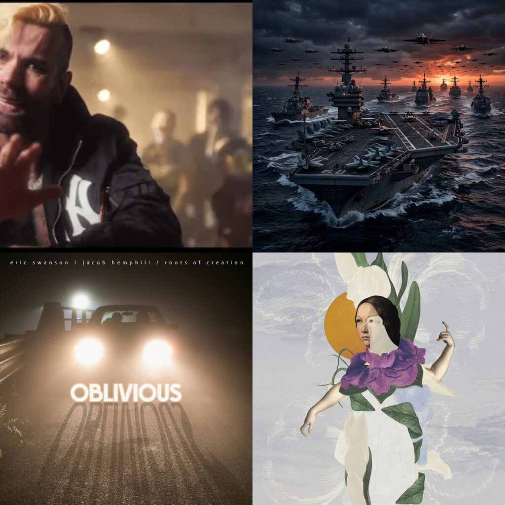 Collage de portadas: THE – CITY Soul Sucker Feat. J Figure; TERMINAL – ZEBRA CARRIER STRIKE GROUP; Roots – of Creation x Eric Swanson x SOJA x Jacob Hemphill Oblivious Please Dont Go; Potrero – Cantor Paloma