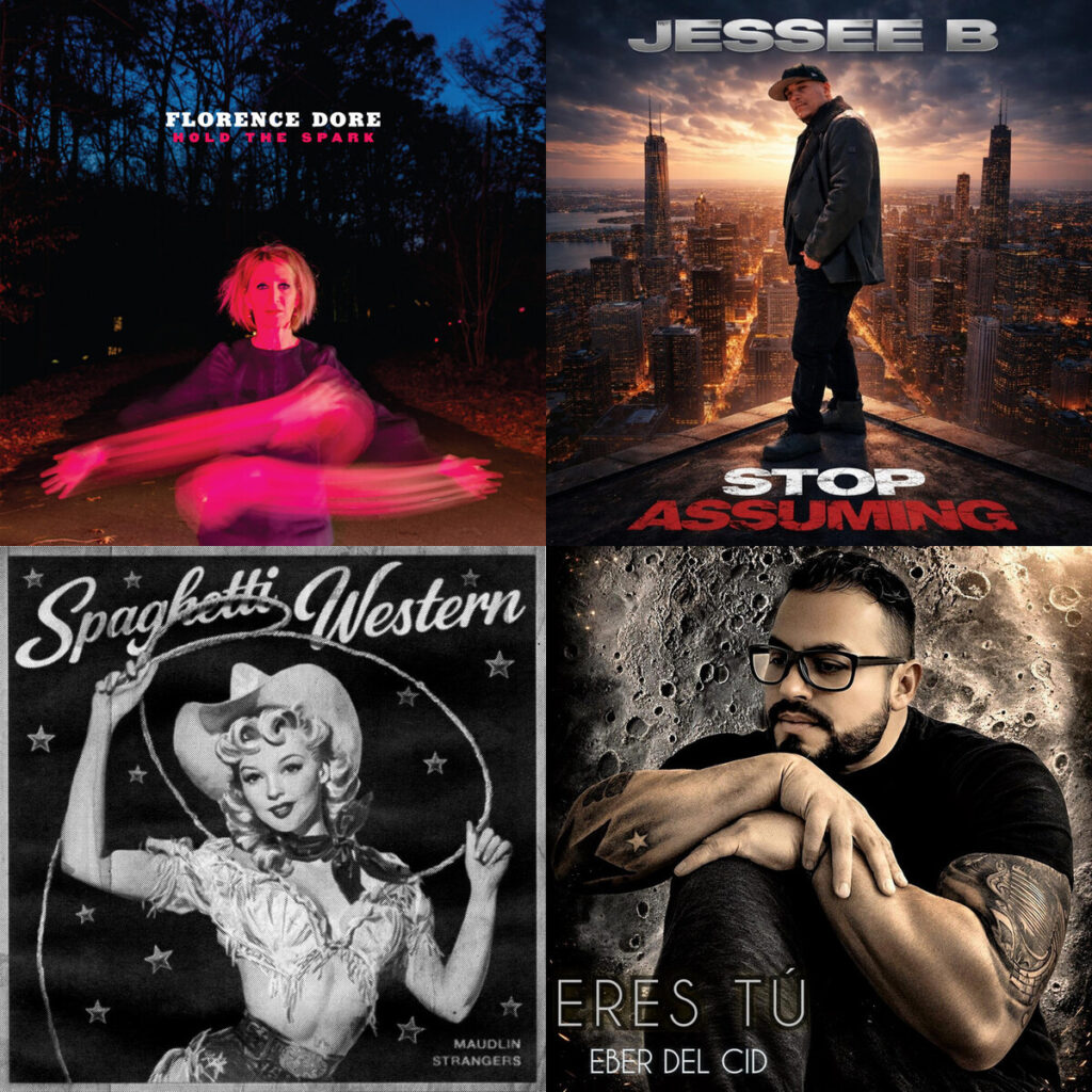 Collage de portadas: Florence – Dore Twelve Great Minds Department Meeting; Jessee – B Stop Assuming; Maudlin – Strangers Spaghetti Western; Eber – del Cid EresTu