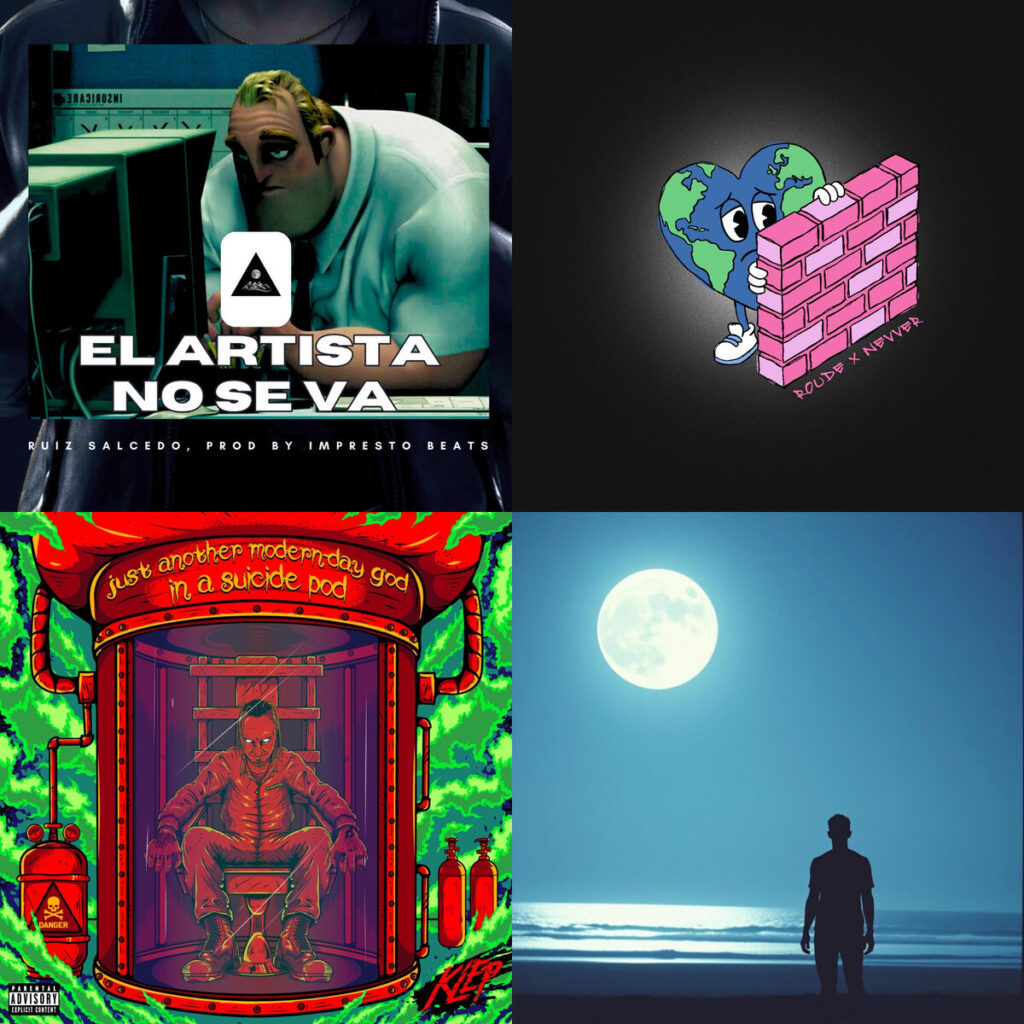 Collage de portadas: Ruiz – Salcedo x Phantasie Vat x Sugar Mortem El Artista no se va; ROUDE – x NEVVER World Behind My Wall; Klep – good mourning; Christoffer – Friend Ordinary Moments