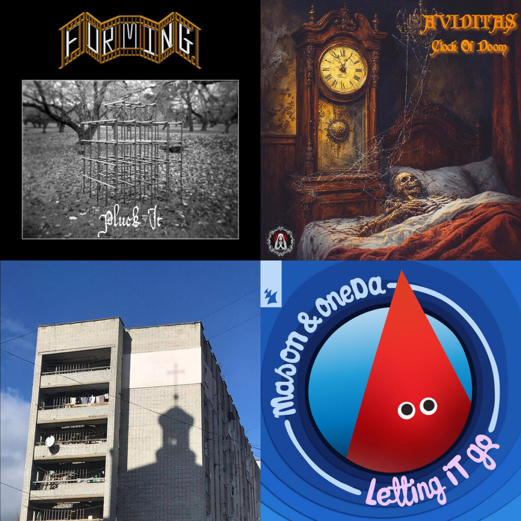 Collage de portadas: FORMING – Pluck It; AVIDITAS – Clock Of Doom; lomovski – white ferrari; Mason – Letting It Go