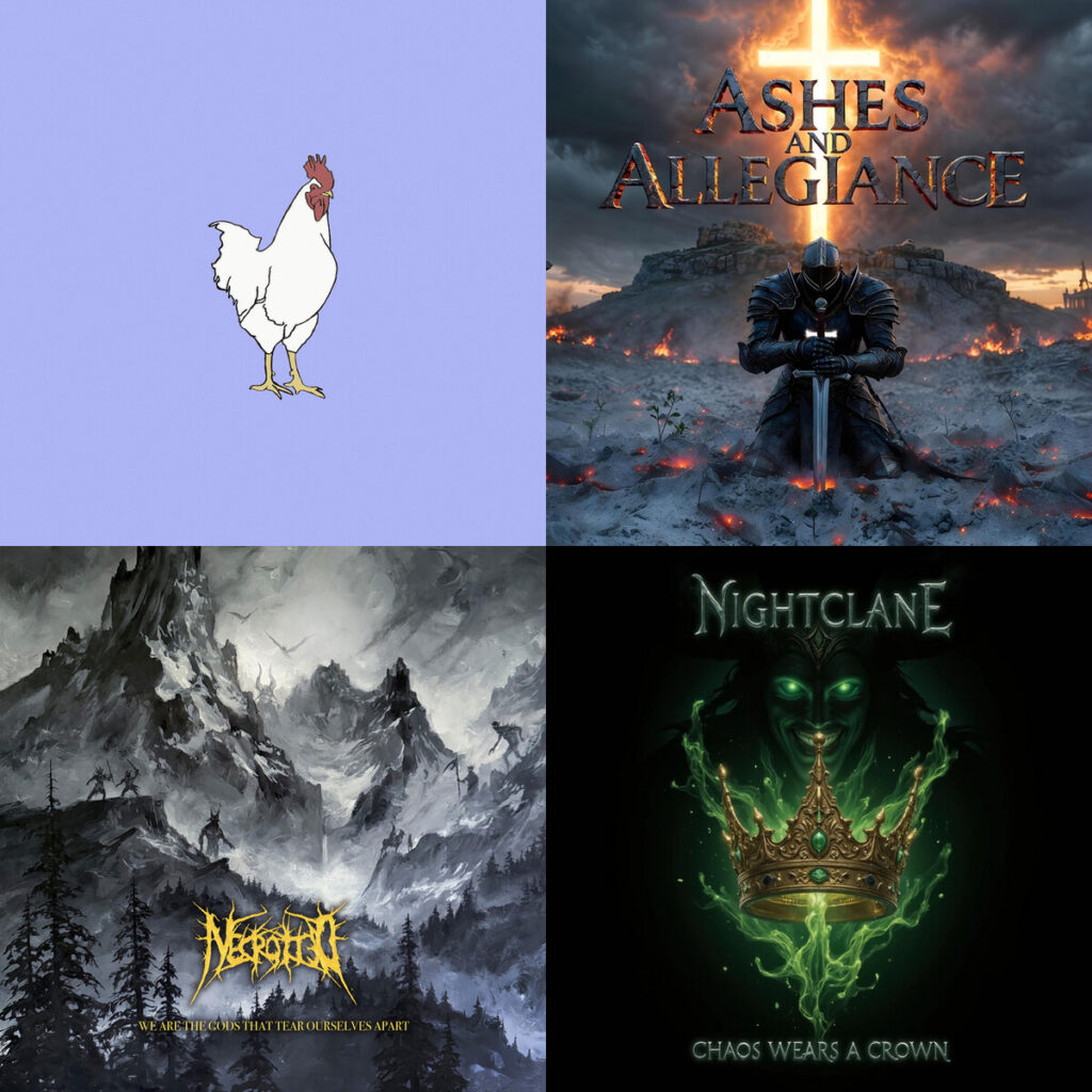 Collage de portadas: Uncle – Honeysuckle; Truth – Light Knight of the Crucified King; NECROTTED – Circus Sapiens; Nightclane – Chaos Wears a Crown