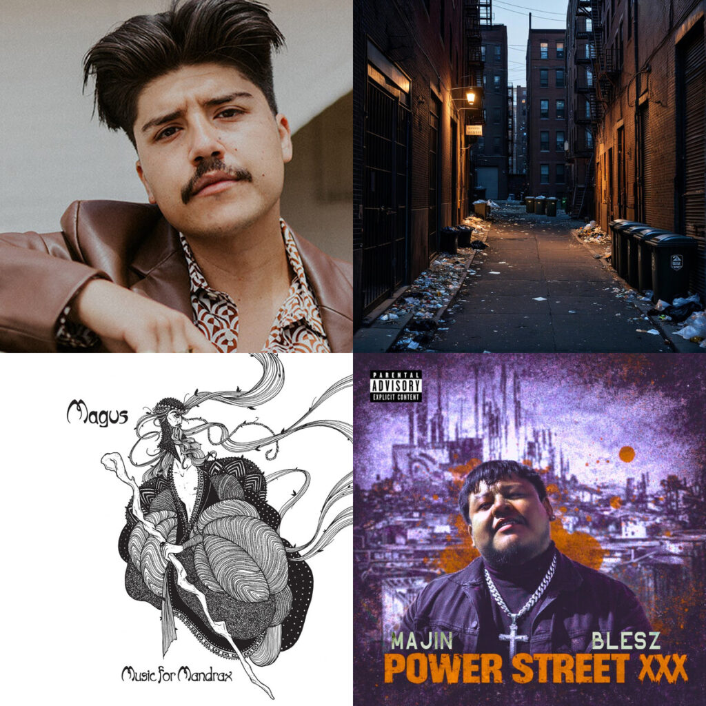 Collage de portadas: Obed – Padilla Rainforest; No – Voices The Last Song; Magus – _Through Darkened Glass_; BLESZ – power street xxx