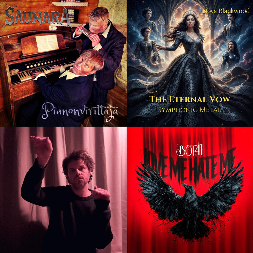 Collage de portadas: Saunara – Pianonvirittaja; Nova – Blackwood The Eternal Vow; Hurricane – Yellow Praying Mantis; BOT41 – LOVE ME HATE ME