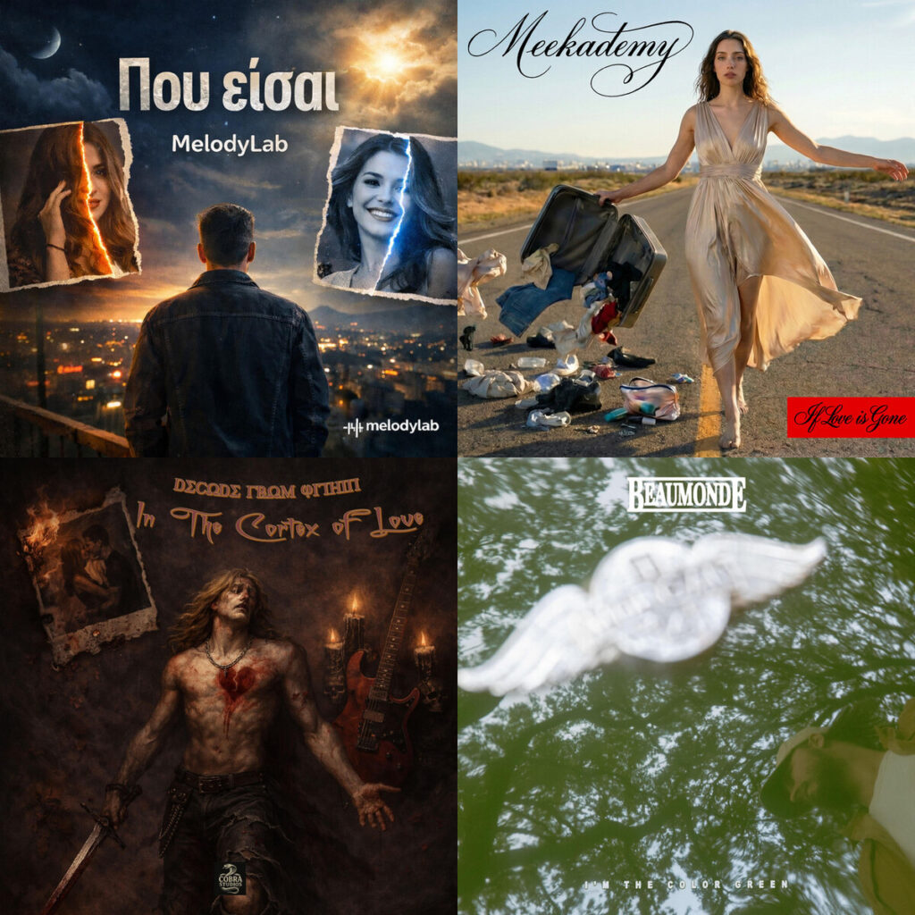 Collage de portadas: MelodyLab – Που είσαι; MEEKADEMY – If Love is Gone; Decode – From Within You Hold The Pin; Beau – Monde Im the Color Green