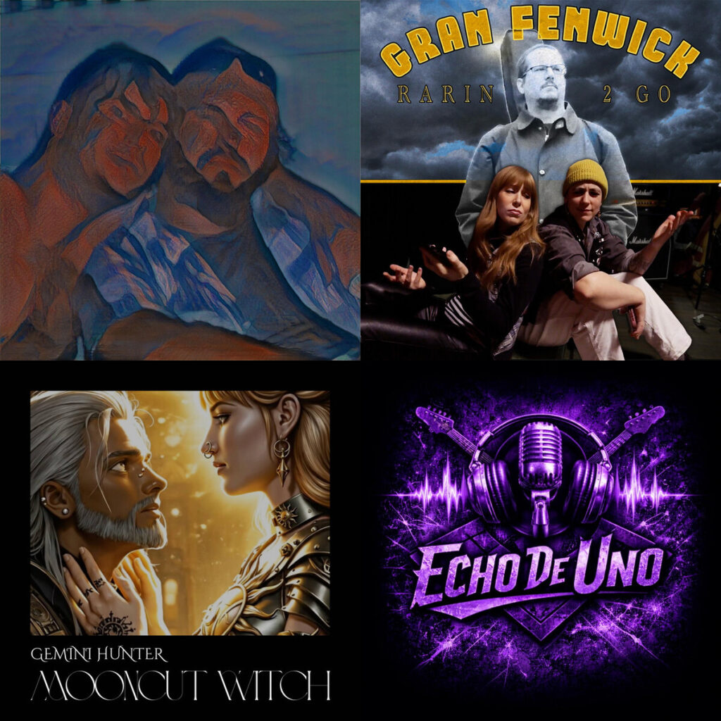 Collage de portadas: The – Cosmic Stage Epoch; Gran – Fenwick Rarin 2 Go; Gemini – Hunter Mooncut Witch; Echo – De Uno Sin Rencores