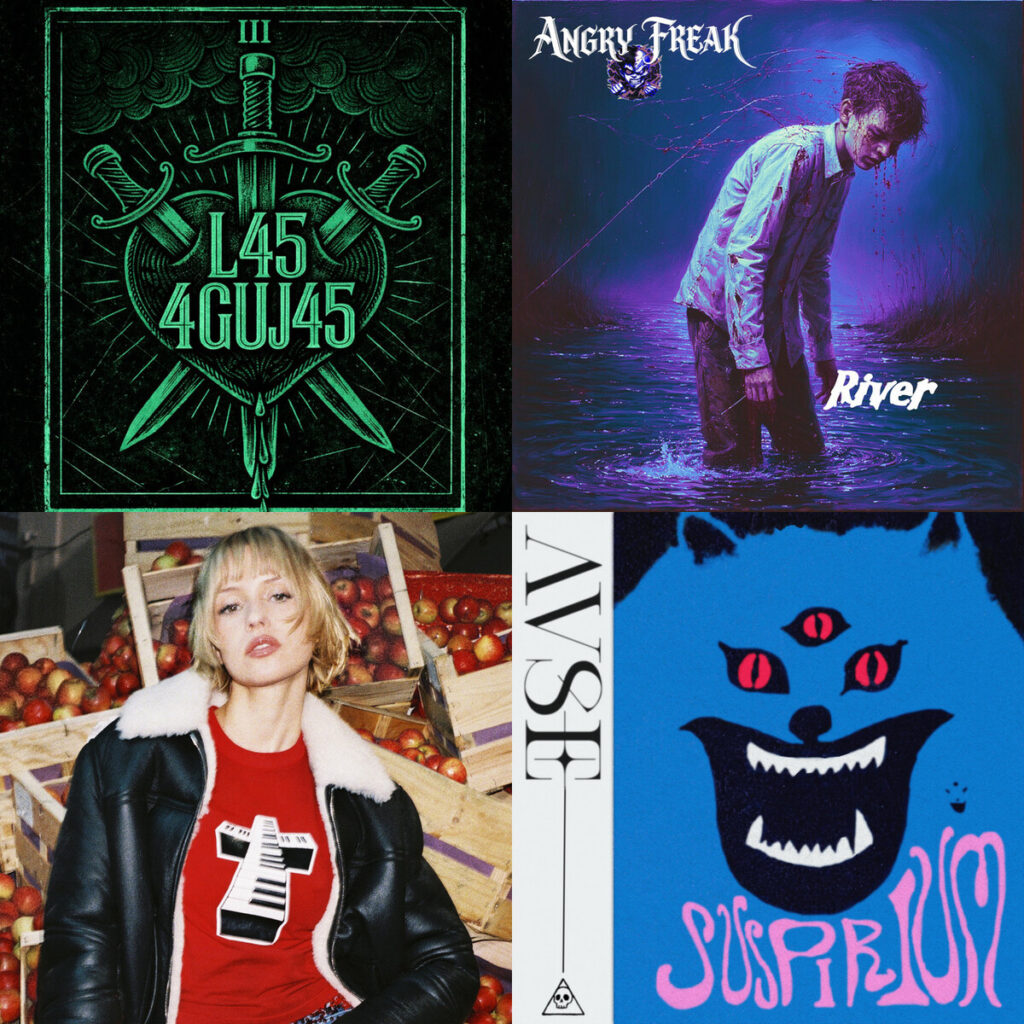 Collage de portadas: El – Zafra L45 4GUJ45 LAS AGUJAS; ANGRY – FREAK River; Angele – x Justice What You Want; A – Very Special Episode Suspirium