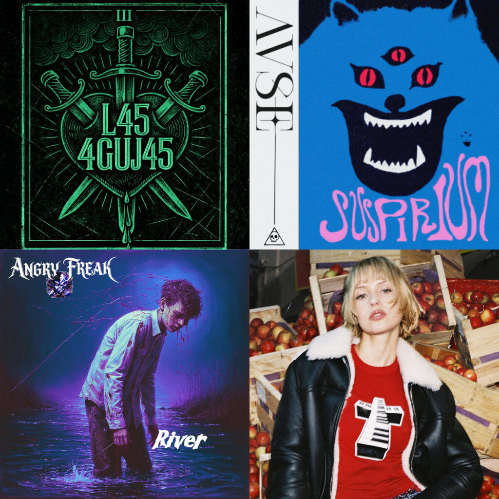 Collage de portadas: El – Zafra L45 4GUJ45 LAS AGUJAS; A – Very Special Episode Suspirium; ANGRY – FREAK River; Angele – x Justice What You Want