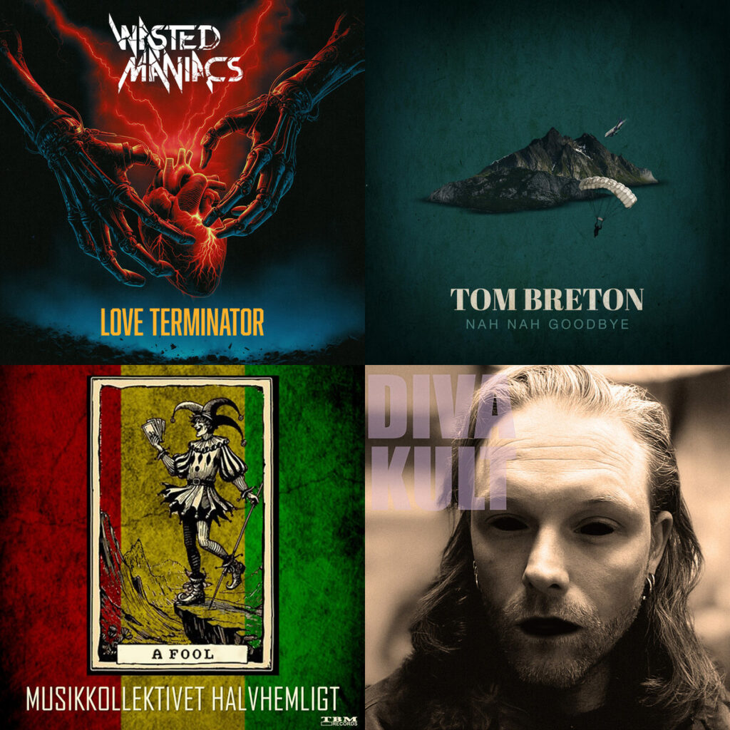 Collage de portadas: Wasted – Maniacs Love Terminator; Tom – Breton Nah Nah Goodbye; Musikkollektivet – Halvhemligt A Fool; DivaKult – England