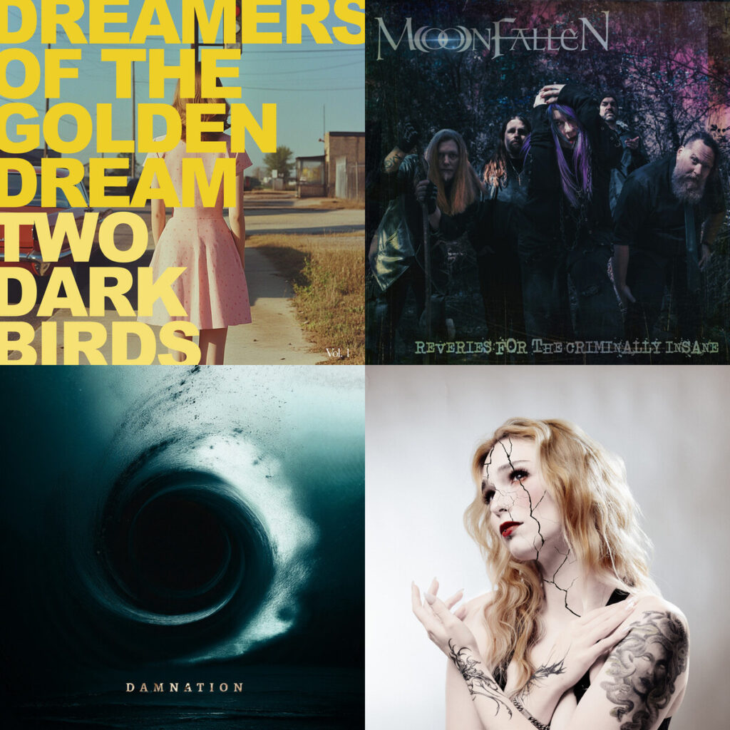 Collage de portadas: Two – Dark Birds The Song to End it All; Moonfallen – Lachrymose; MarysCreek – Damnation; Avalon – Stone Cleanse Me