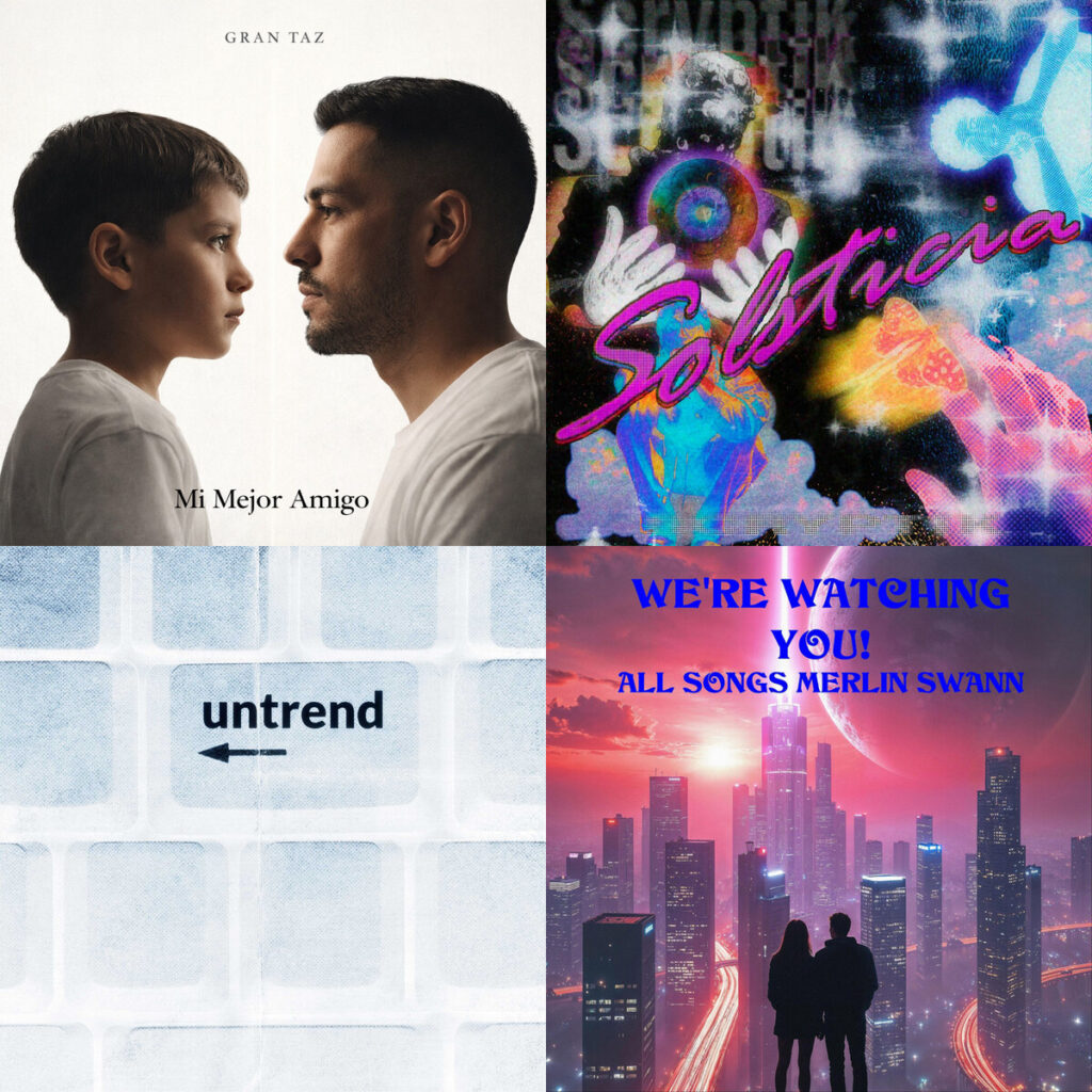 Collage de portadas: Gran – Taz mi mejor amigo; ScryptiK – set; Posavant – untrend; Merlin – Swann I Want To Song For Susan