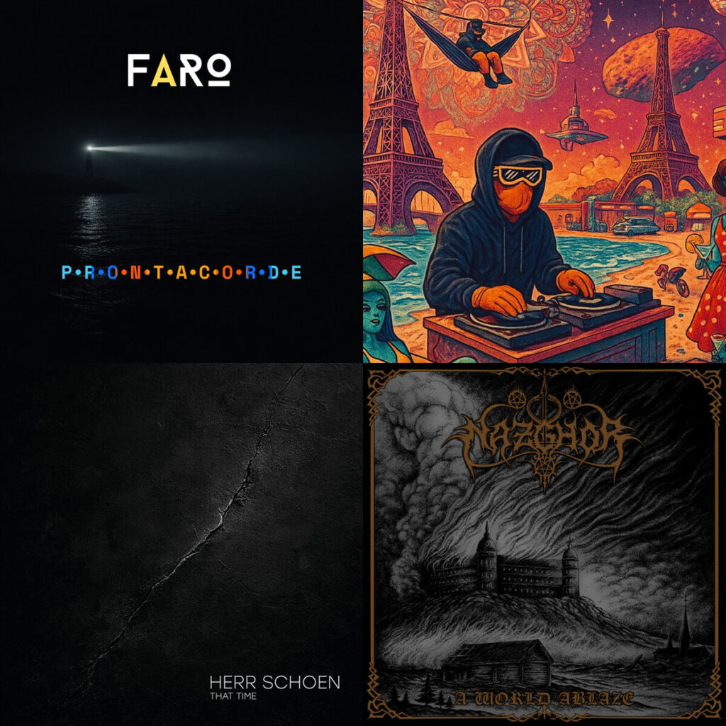 Collage de portadas: ProntaCorde – Faro; Cyril – Thys On est en guerre; Herr – Schoen That Time; Nazghor – Day of Sepulchral