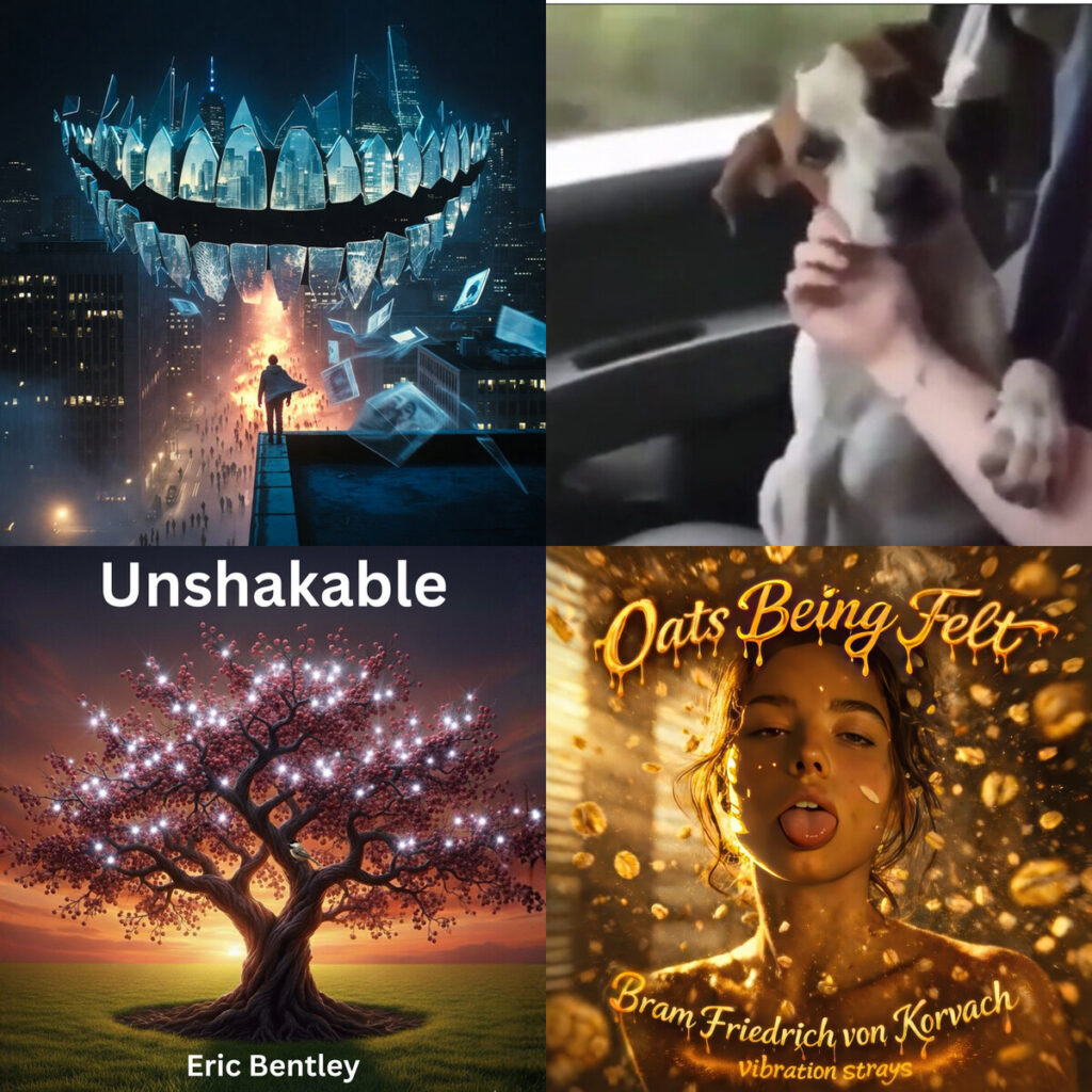 Collage de portadas: Rogue – Tide THE CITY THAT NEVER BREATHES; Gimmepaw – I was living; Eric – Bentley Ill Sing To You; Bram – Friedrich von Korvach Oats Being Felt