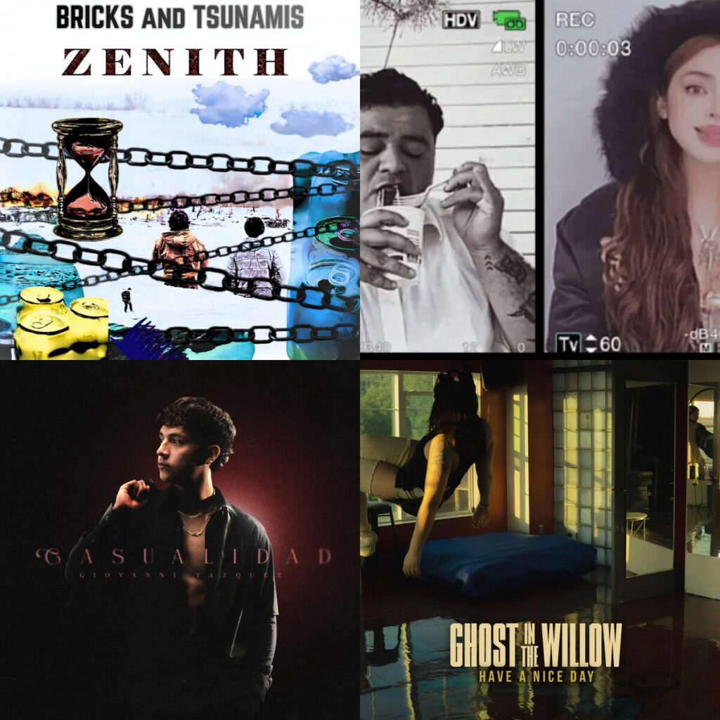 Collage de portadas: Zenith – Bricks and Tsunamis; Reina – Alacran Rocky High El dia que me muera feat. Reina Alacran FRANKLIN; Giovanni – Vazquez CASUALIDAD; Ghost – In The Willow Have A Nice Day