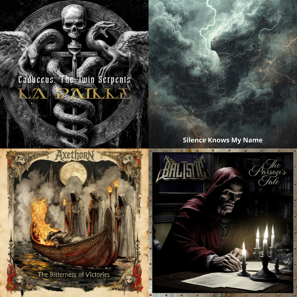 Collage de portadas: La – Paille Caduceus_ The Twin Serpents; Fabio – Francis Silence Knows My Name; Axethorn – The Bitterness of Victories; Balistic – I Am Your God